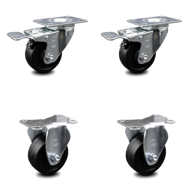 3 Inch Soft Rubber Swivel Top Plate Caster Lock Brakes 2 Rigid SCC, 2PK